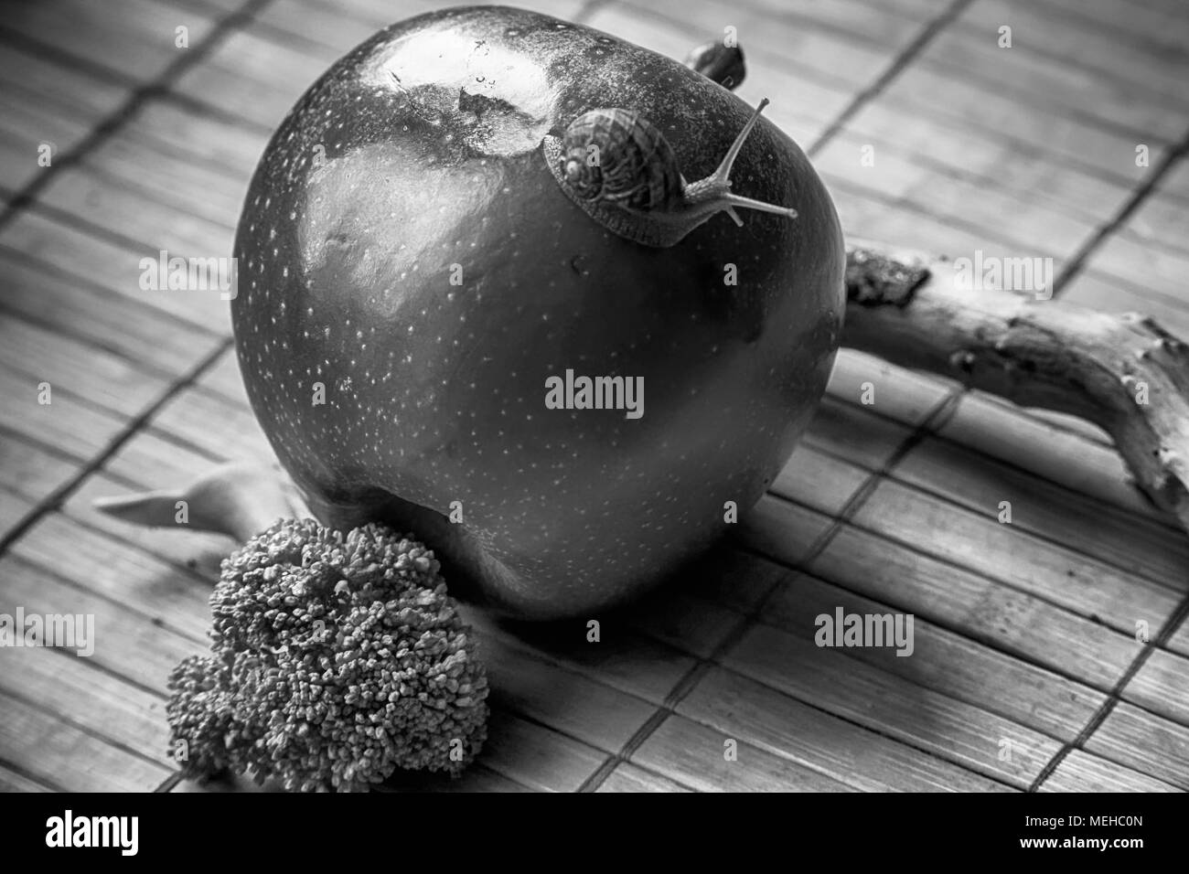 Seduta di lumaca su apple e il tronco di albero e andare a verde broccoli, legno di bambù, sullo sfondo di close-up di sfondo animale. Foto Stock
