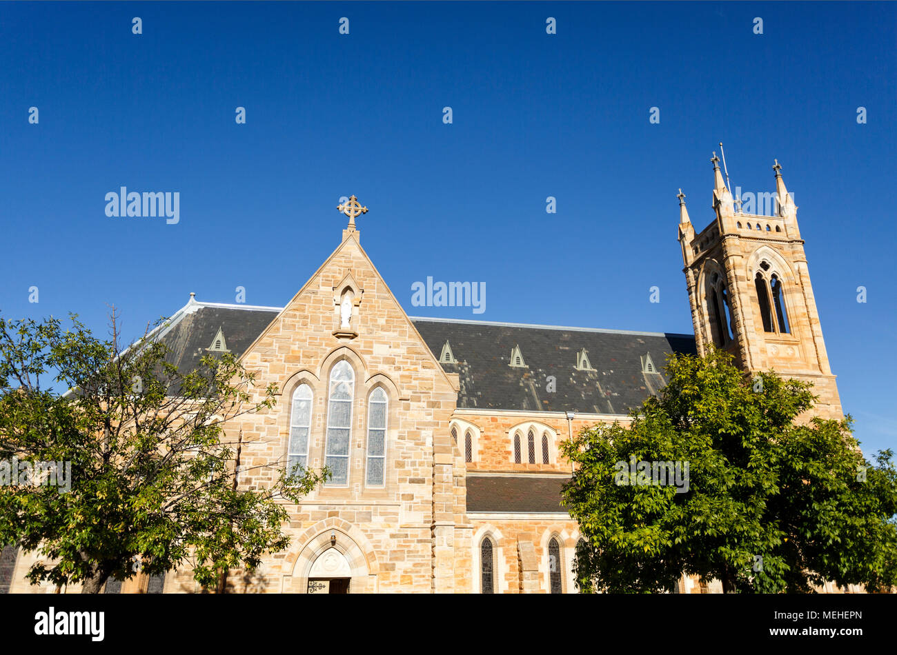 Vista laterale di St Michael Cattedrale, una grande Revival gotico di pietra arenaria in stile palazzo, eretto nel 1887 nella città di Wagga Wagga, Nuovo Galles del Sud, un Foto Stock