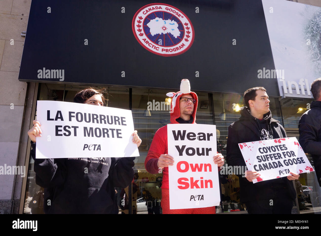 Montreal, Canada,Aprile 22,2018.di attivisti per i diritti degli animali che protestavano contro il Canada Goose company per utilizzando la pelliccia e oca giù nel loro giacche invernali.Credit:Mario Beauregard/Alamy Live News Foto Stock