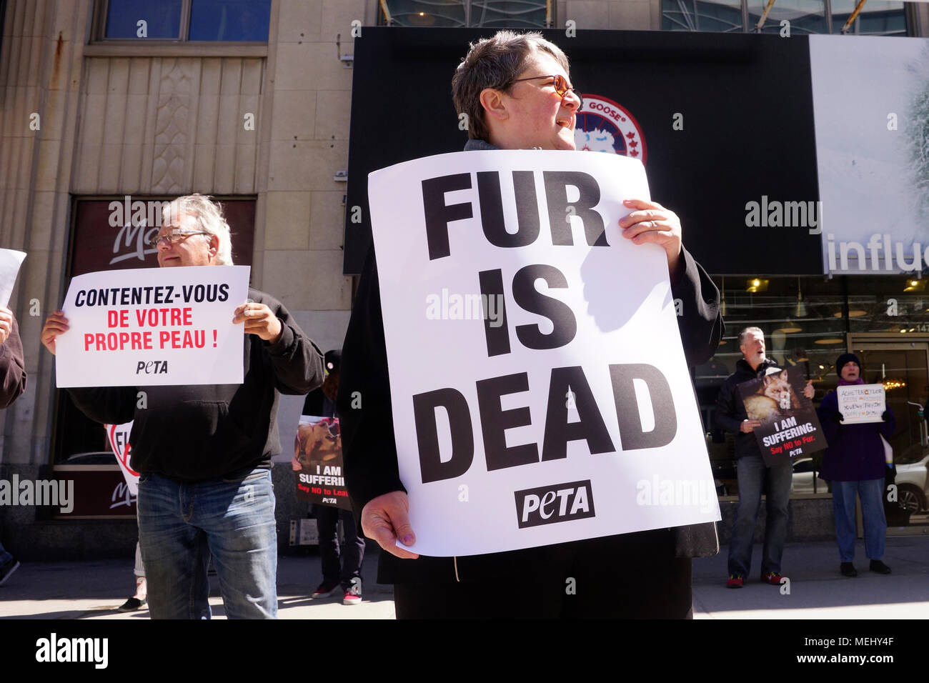 Montreal, Canada,Aprile 22,2018.di attivisti per i diritti degli animali che protestavano contro il Canada Goose company per utilizzando la pelliccia e oca giù nel loro giacche invernali.Credit:Mario Beauregard/Alamy Live News Foto Stock