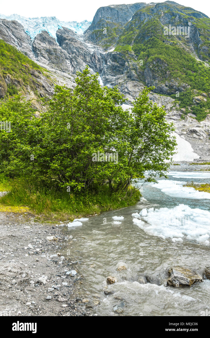 Glacier Supphellebreen e del suo fiume, parte di Jostedal National Park, Norvegia, vicino a Fjaerland, fusione di pezzi di ghiaccio in acqua fredda Foto Stock