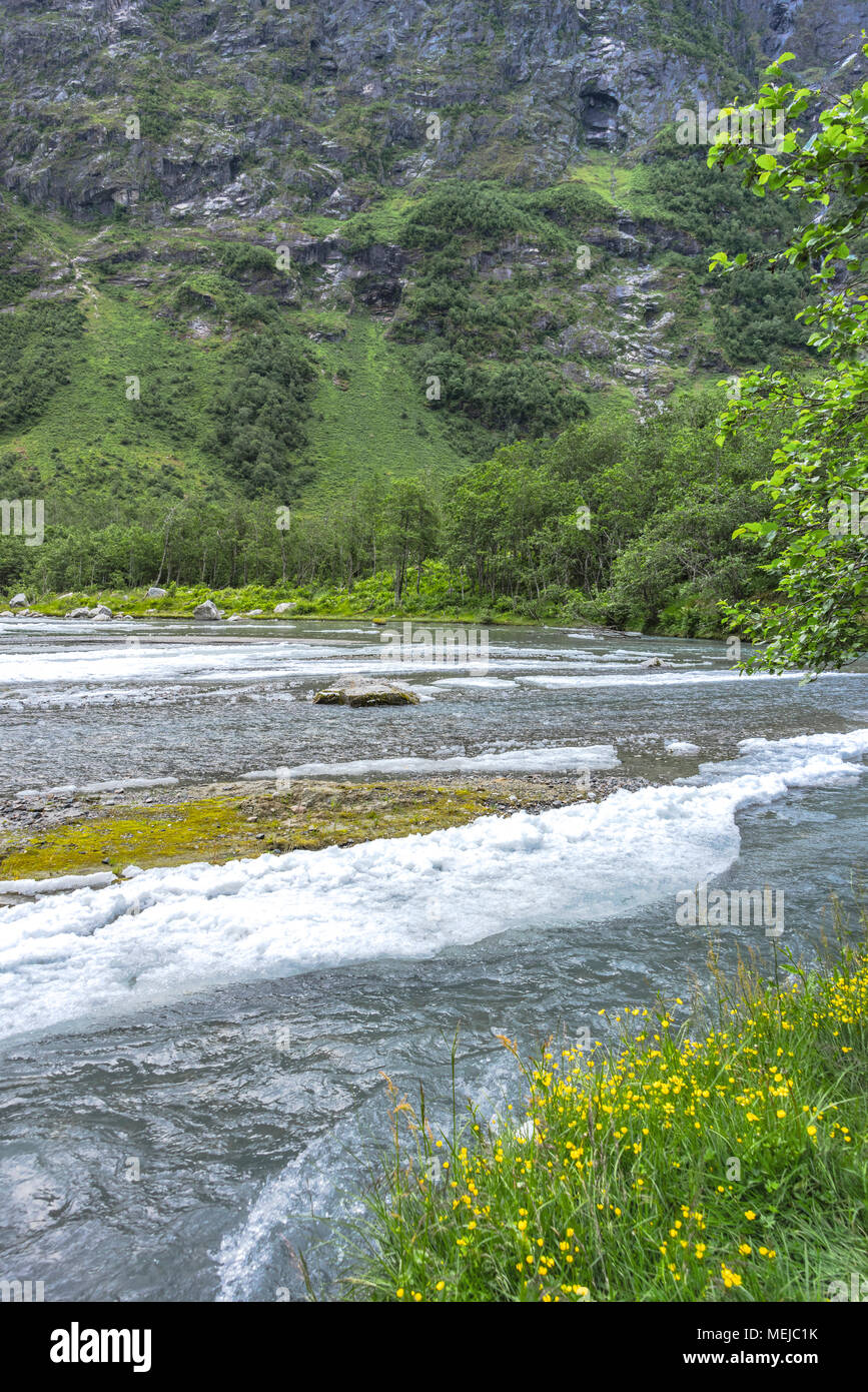 Glacier Supphellebreen e del suo fiume, parte di Jostedal National Park, Norvegia, vicino a Fjaerland riverscape, con la fusione di pezzi di ghiaccio Foto Stock