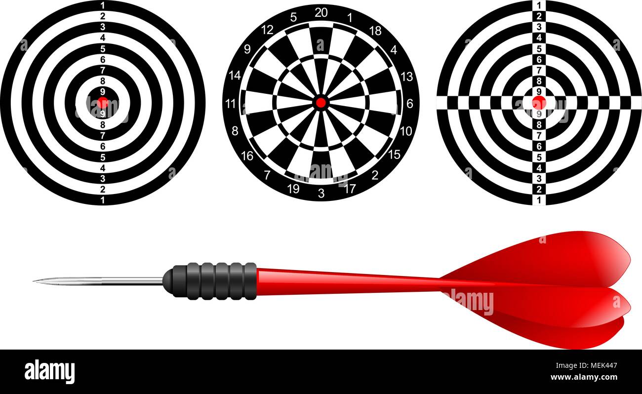 Dart Classic scheda set di bersaglio e freccette freccia rossa isolato su sfondo bianco. Illustrazione Vettoriale. Bianco e nero dartboard modello di stampa Illustrazione Vettoriale