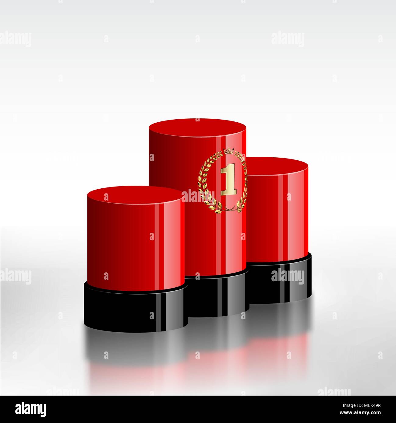 Red vincitori podio golden corona di alloro e numero uno 1. Isolato su sfondo bianco con la riflessione Illustrazione Vettoriale