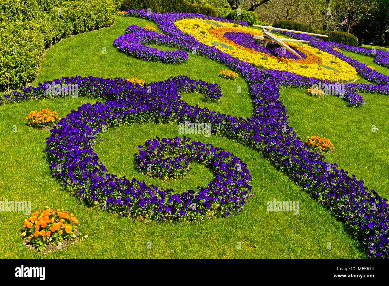 Orologio di fiori, l'Horloge Fleurie, al parco Jardin Anglais, Ginevra, Svizzera Foto Stock