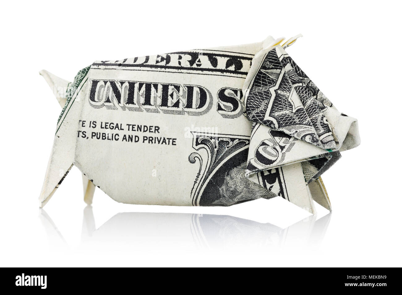Origami: Salvadanaio di un dollaro statunitense in forma di maiale, isolato su sfondo bianco Foto Stock