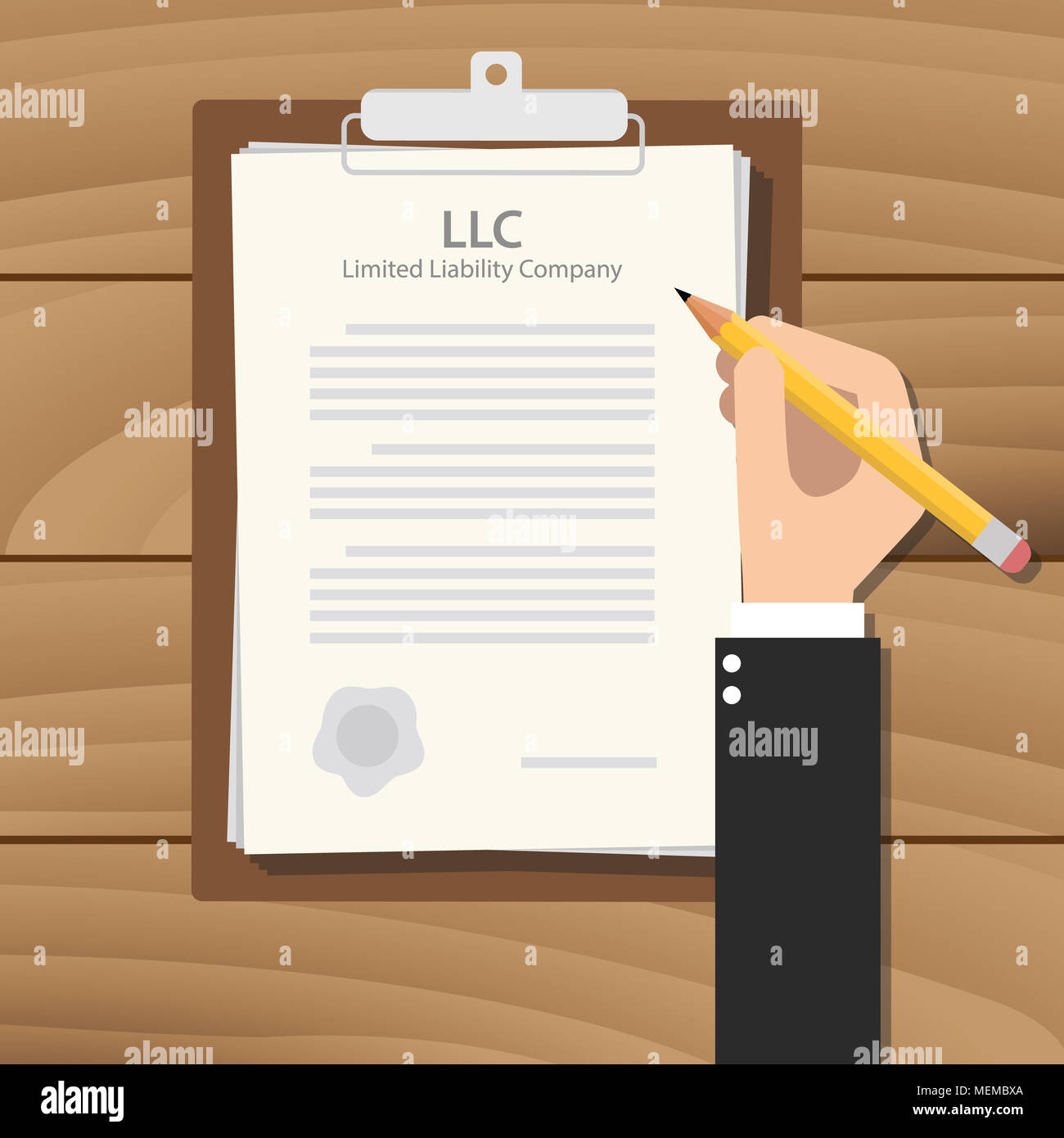 Llc società a responsabilità limitata di illustrazione con la mano la firma di un documento cartaceo Foto Stock