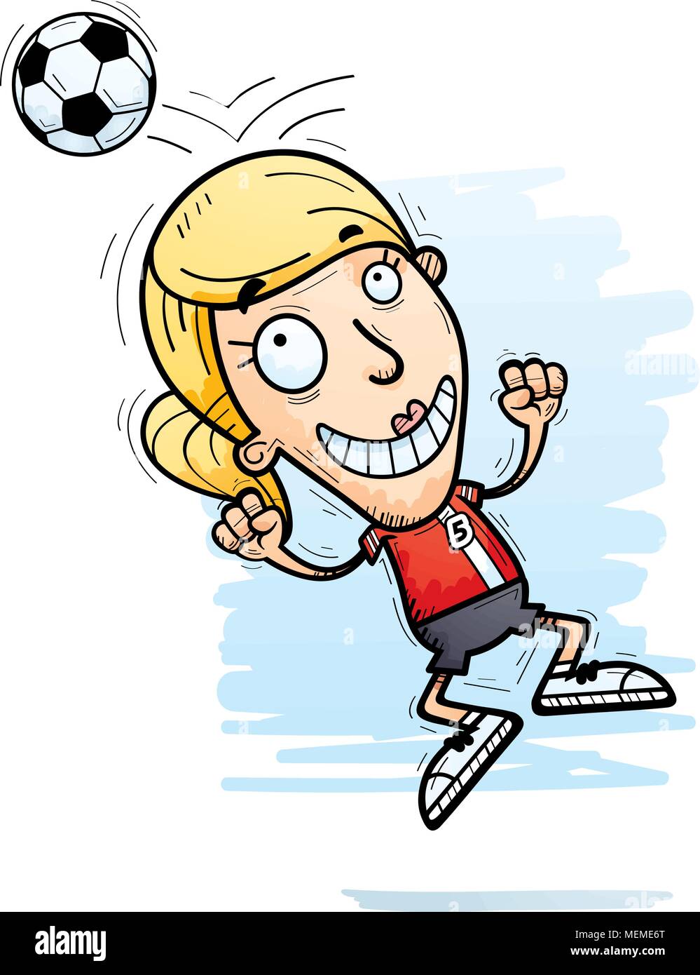 Un cartoon illustrazione di una donna giocatore di calcio del salto e voce di un pallone da calcio. Illustrazione Vettoriale Un cartoon illustrazione di una donna giocatore di calcio del salto e voce di un pallone da calcio. Illustrazione Vettoriale