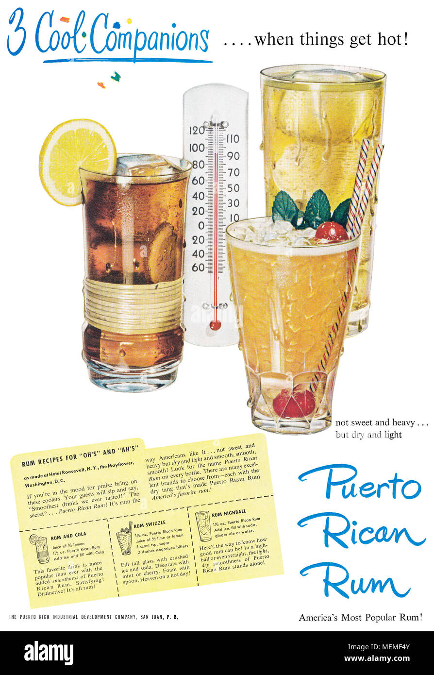 1949 pubblicità negli Stati Uniti per il Puerto Rican rum. Foto Stock