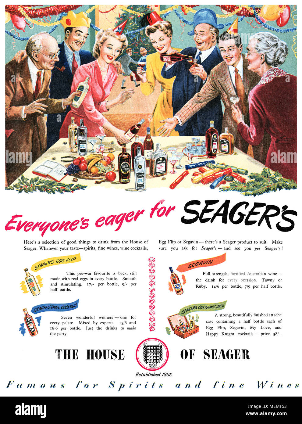 1949 Natale inglese pubblicità per Seager di bevande. Foto Stock