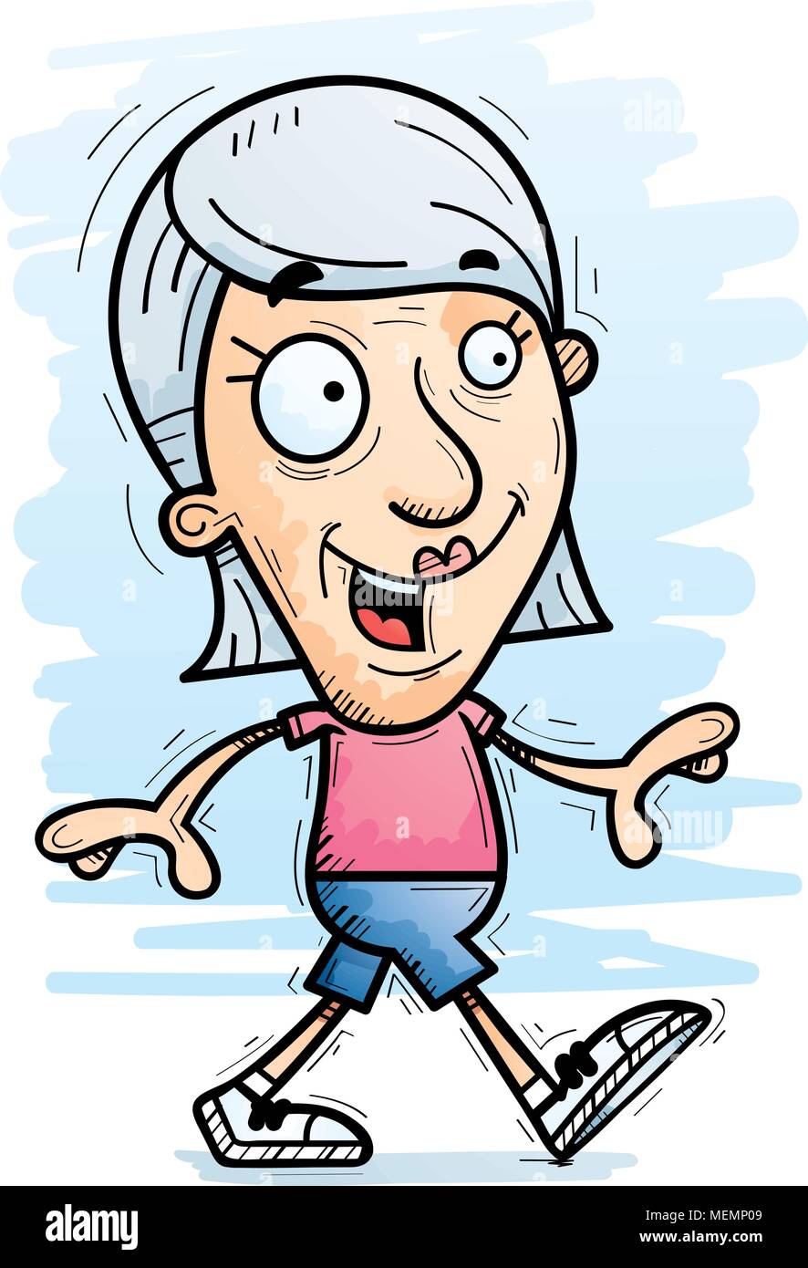 Un cartoon illustrazione di un senior citizen donna a piedi. Illustrazione Vettoriale