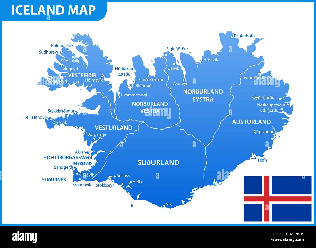 La mappa dettagliata di Islanda con le regioni o gli stati e le città capitali. Divisione amministrativa Illustrazione Vettoriale