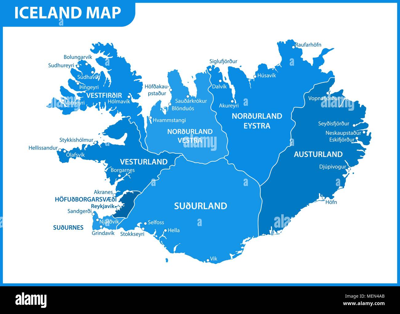 La mappa dettagliata di Islanda con le regioni o gli stati e le città capitali. Divisione amministrativa Illustrazione Vettoriale