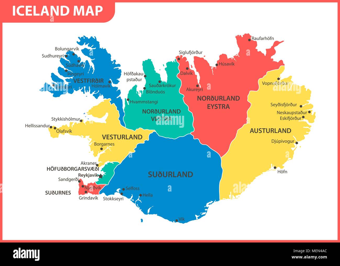 La mappa dettagliata di Islanda con le regioni o gli stati e le città capitali. Divisione amministrativa Illustrazione Vettoriale