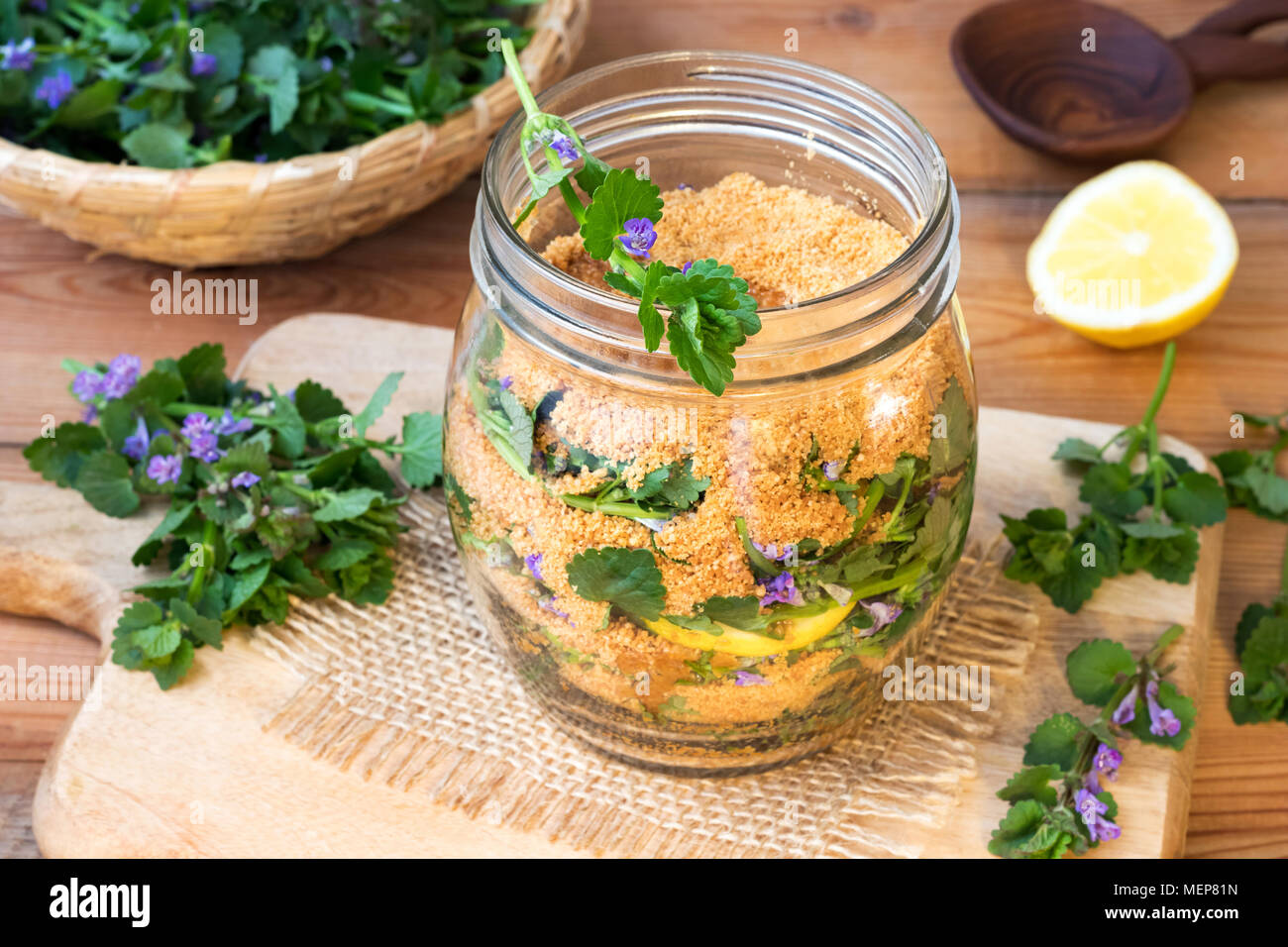 Un vaso di vetro riempito con terra-foglie d'edera e fiori di limone e zucchero di cocco, per preparare in casa lo sciroppo a base di erbe Foto Stock