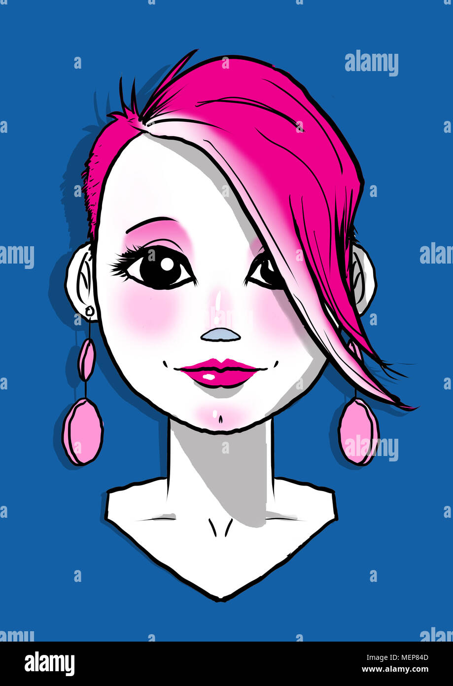 Illustrazione Digitale della ragazza con lunghi orecchini rosa Foto Stock