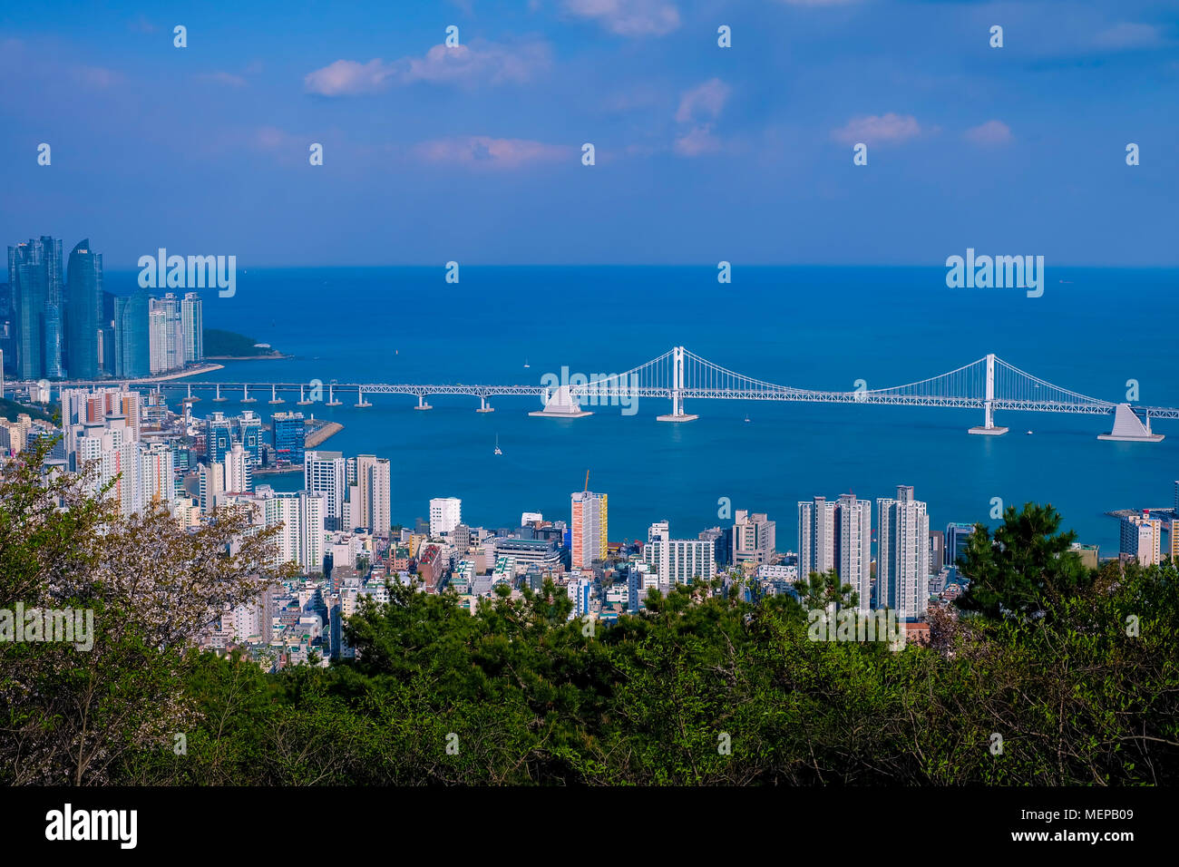 Vista aerea della spiaggia Gwangalli e Gwangan bridge in Busan città della Corea del Sud. Foto Stock