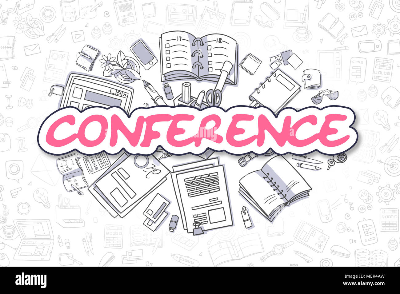 Conferenza - Doodle Magenta Word. Il concetto di business. Foto Stock