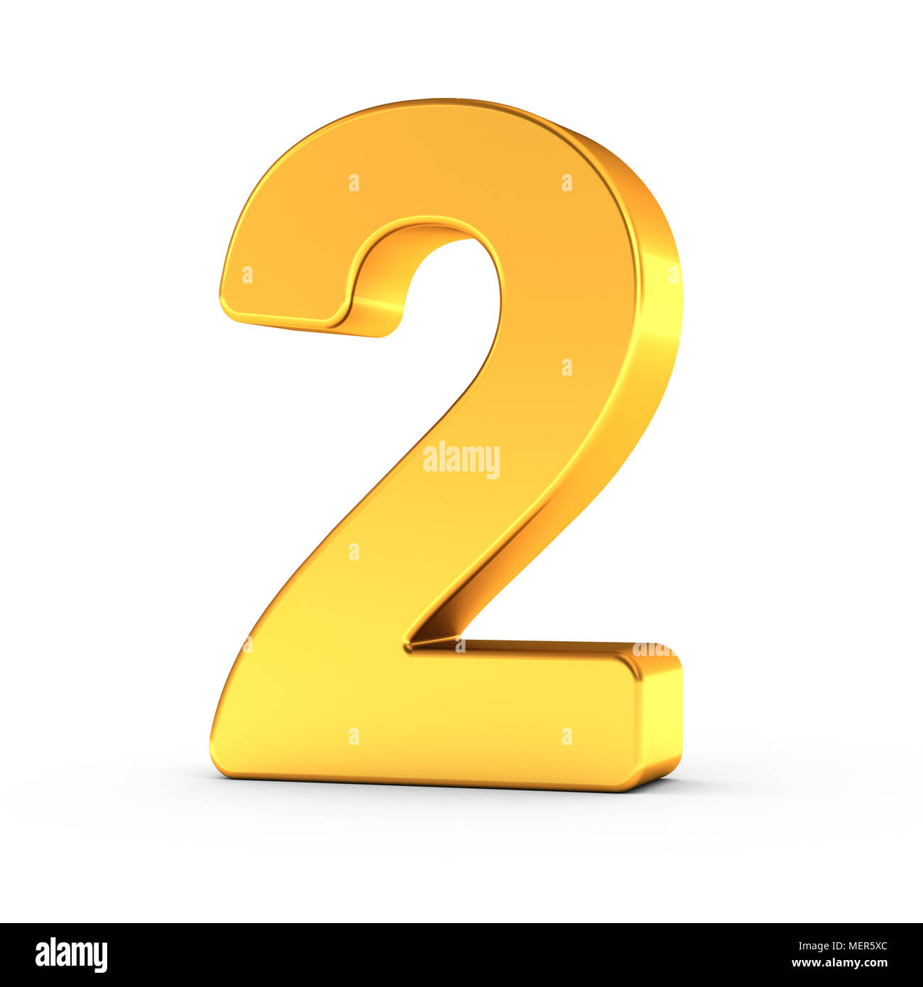 Il numero due come un lucido oggetto d'oro su sfondo bianco con tracciato di ritaglio per un rapido e accurato isolamento. Foto Stock