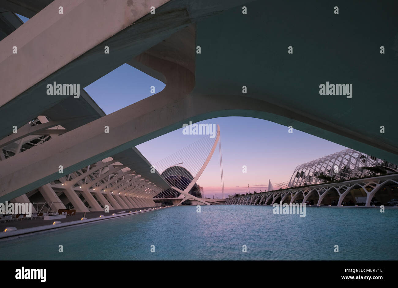 L'Umbracle edificio, con El Pont de l'Assut de l'o in background, Città delle Arti e delle Scienze di Valencia, Spagna Foto Stock