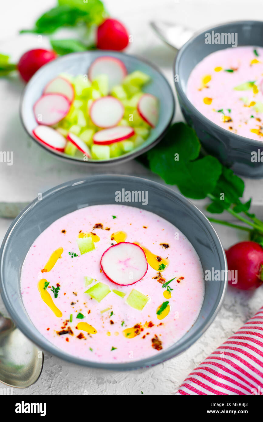 Rosa rafano freddo zuppa di cetriolo e yogurt guarnita con peperoncino secco, pepe, prezzemolo, olio d'oliva e crudites servita in ciotole Foto Stock