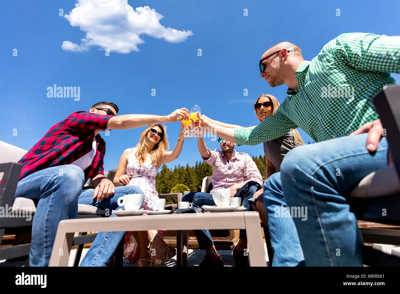 Gruppo di amici tostare i loro bicchieri di succo vicino alla piscina Foto Stock