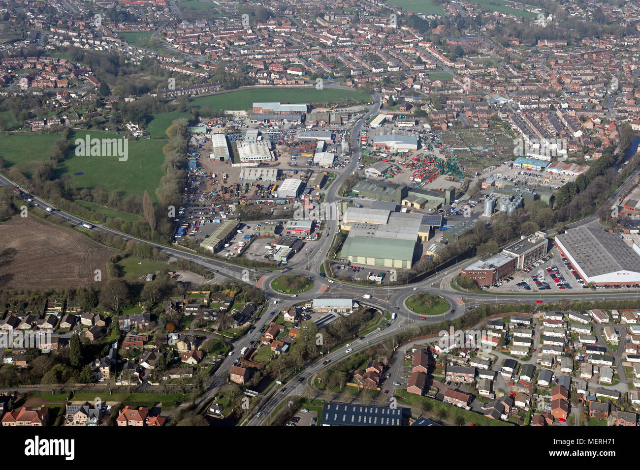 Vista aerea di aree industriali sul lato est di Ripon, North Yorkshire Foto Stock