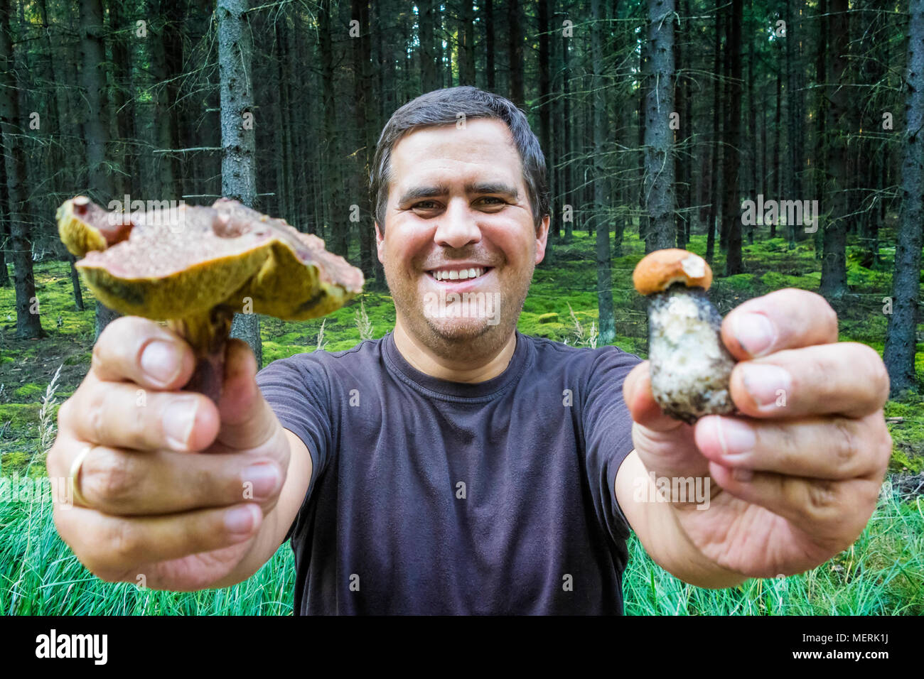 Uomo felice tenendo i funghi selvatici nella parte anteriore della foresta. Foto Stock