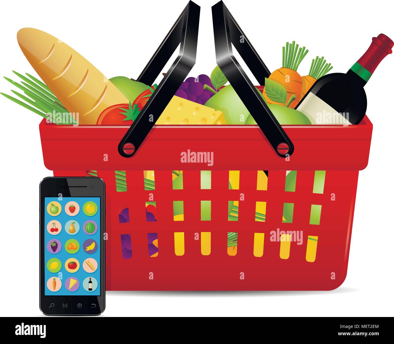 Alimenti ordinati online con uso di smartphone. Shopping online concetto. Illustrazione Vettoriale