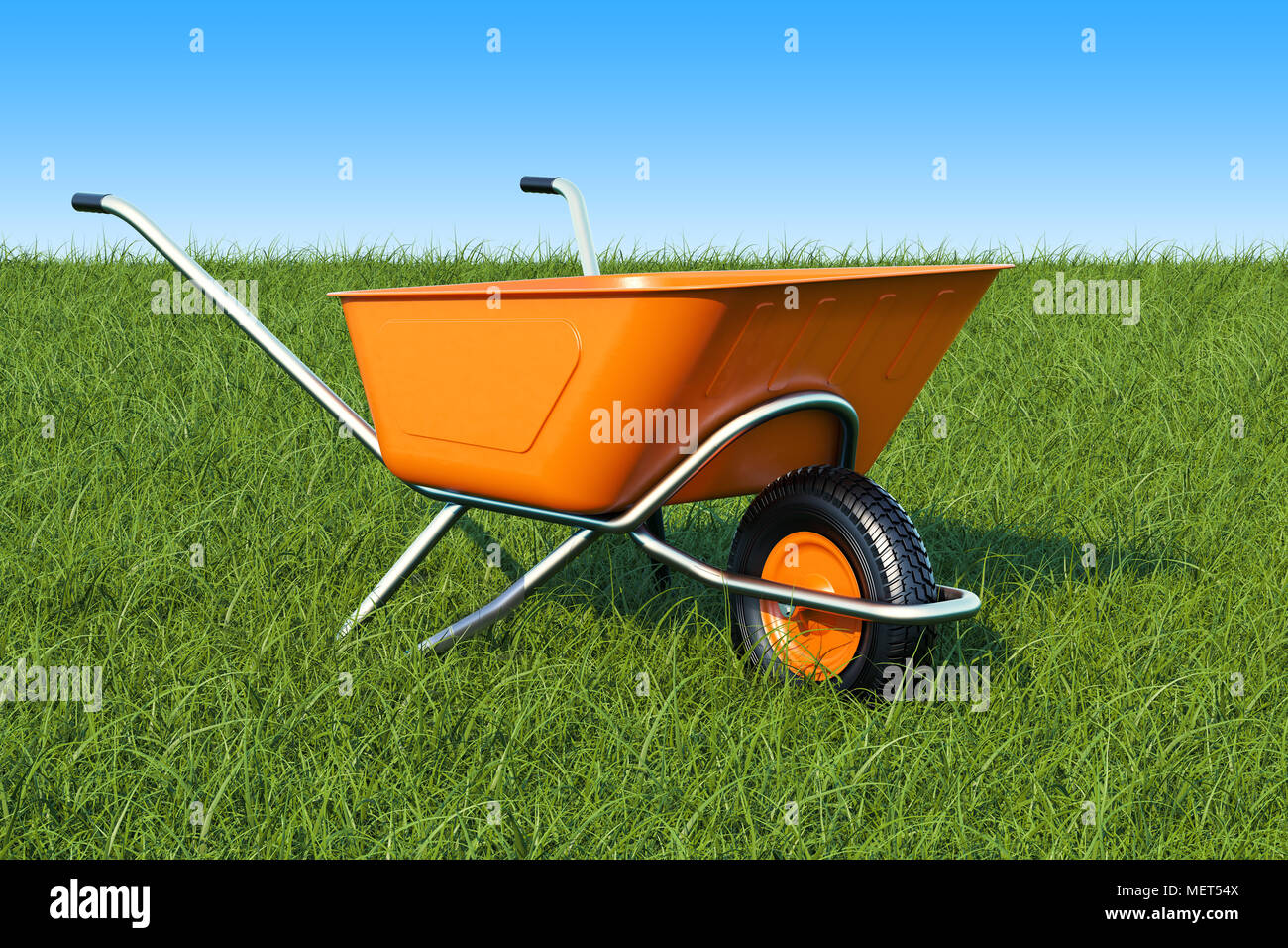 Giardino carriola sull'erba verde contro il cielo blu, rendering 3D Foto Stock