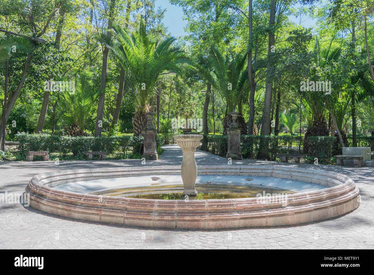 Vista serena di Benito Juarez Parco con alberi, pietra fontana, colonne di pietra e il sentiero in pietra, in una giornata di sole in San Miguel De Allende, Messico Foto Stock