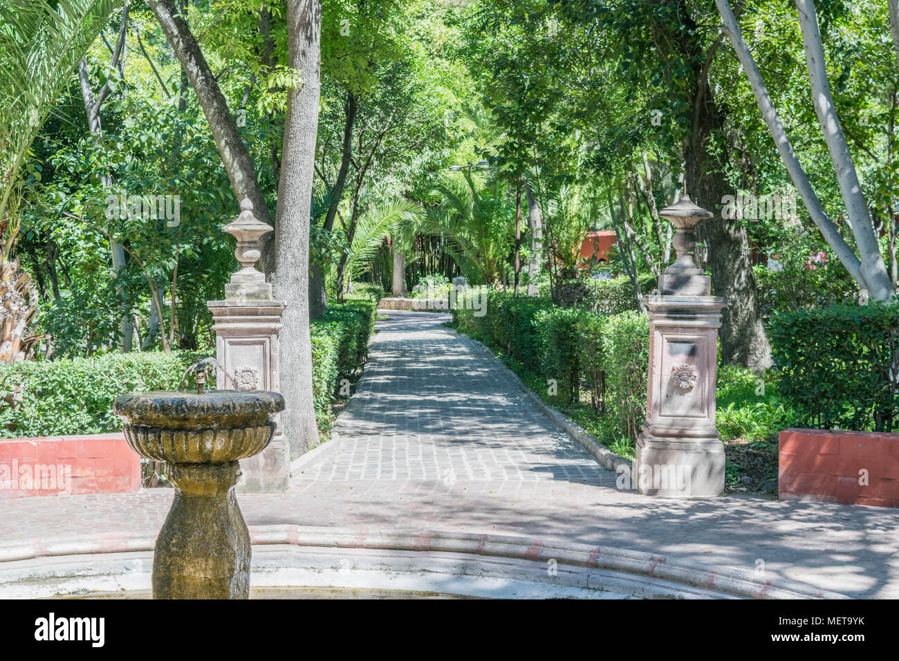 Vista serena di Benito Juarez Parco con alberi, pietra fontana, colonne di pietra e il sentiero in pietra, in una giornata di sole in San Miguel De Allende, Messico Foto Stock