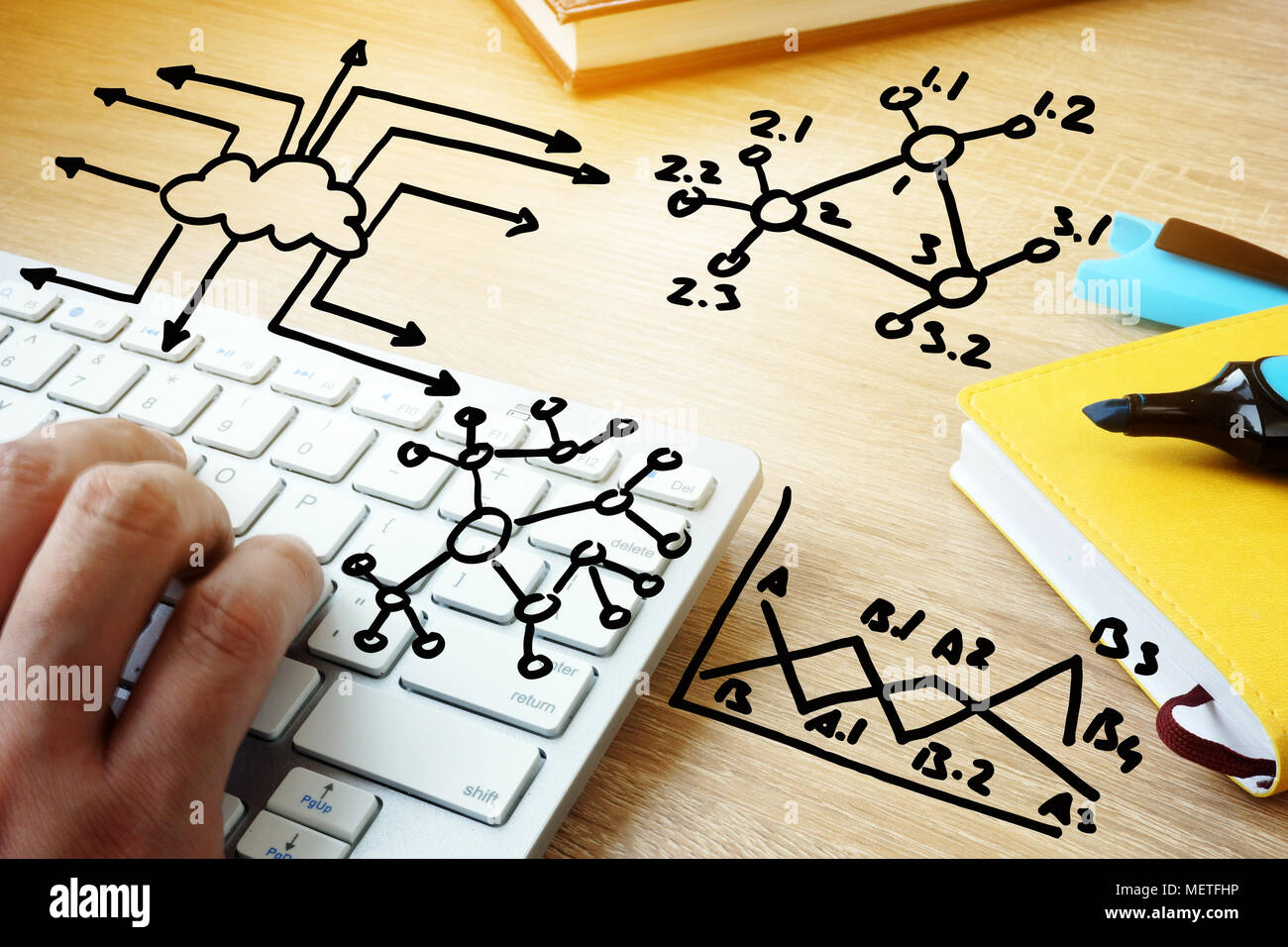 Dati di grandi dimensioni e tecnologie di cloud computing. Mano digitando su una tastiera. Foto Stock