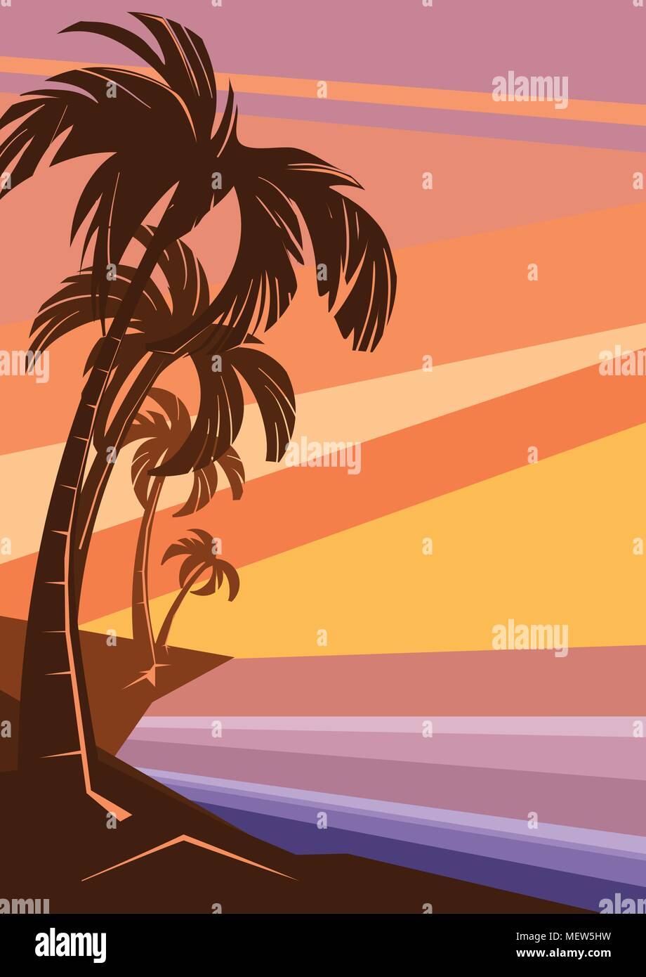 Fantasy tropic costo dell'oceano al tramonto con palm Illustrazione Vettoriale
