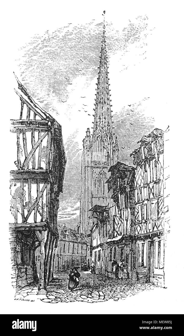 Le strade di Herfleur, in Normandia, Francia, dove l'assedio di Harfleur si è verificato durante i cento anni di guerra. Ha cominciato il 18 agosto 1415, quando il re Enrico V attaccato Harfleur con 2000 uomini di armi e il prodiere 6000. Dopo le pareti erano stati gravemente danneggiati dalle dodici grandi cannoni e altre artiglieria tradizionale dell'inglese assedio il treno. La città comandanti ha chiesto una parley e i termini concordati e Harfleur ceduto agli invasori il 22 settembre. I Cavalieri sono stati liberati con condizionale per raccogliere il riscatto, e gli abitanti che erano pronti a giurare fedeltà a Henry erano ammessi a r Foto Stock