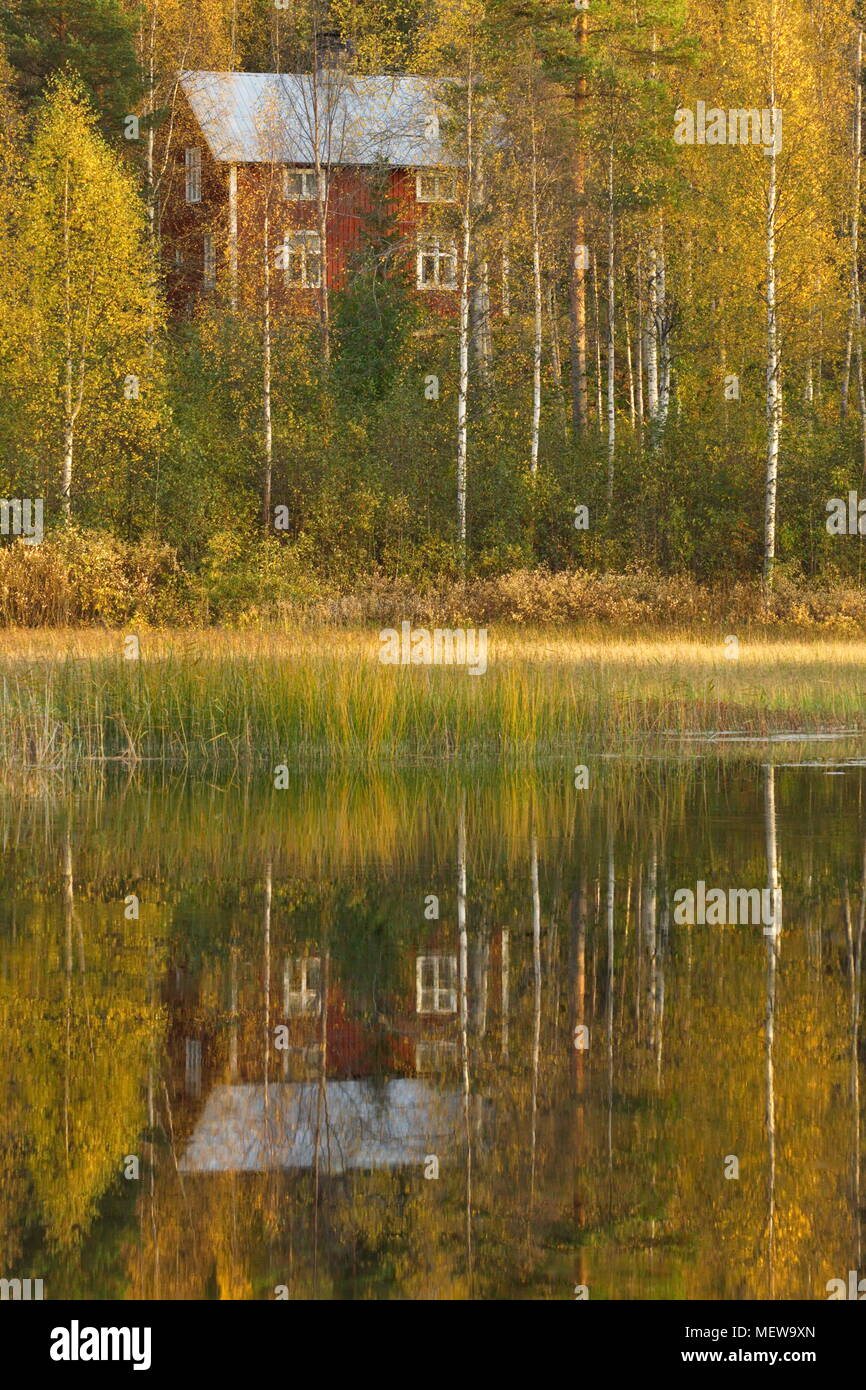 Un rosso casa in legno si riflette in una foresta calmo lago in autunno Foto Stock
