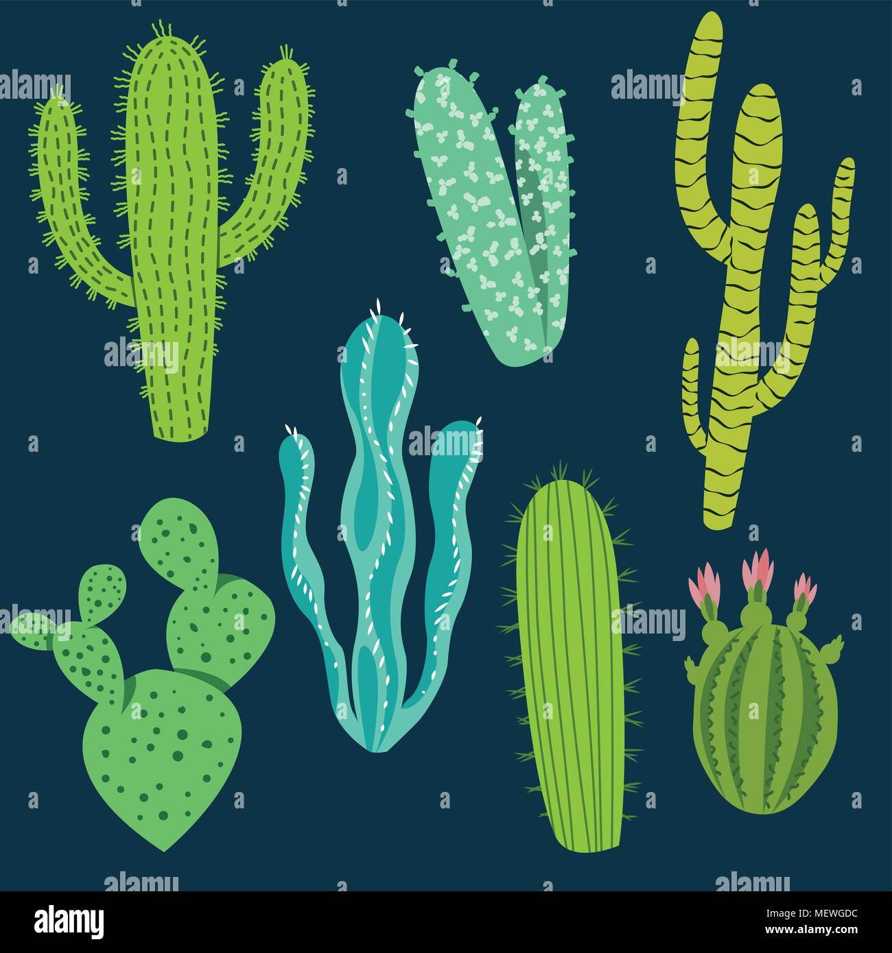 Varie piante di cactus in diverse forme e sfumature di verde. Illustrazione Vettoriale