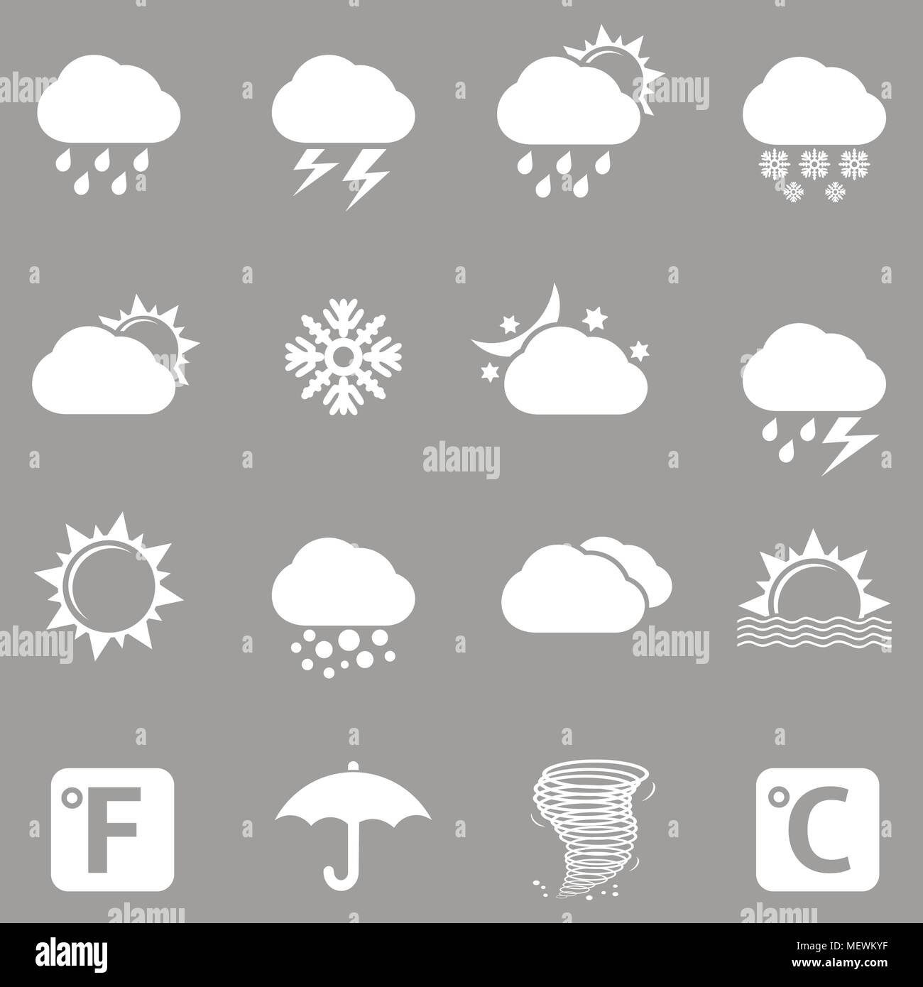 Previsioni meteo icone bianche su sfondo grigio. Illustrazione Vettoriale. Illustrazione Vettoriale