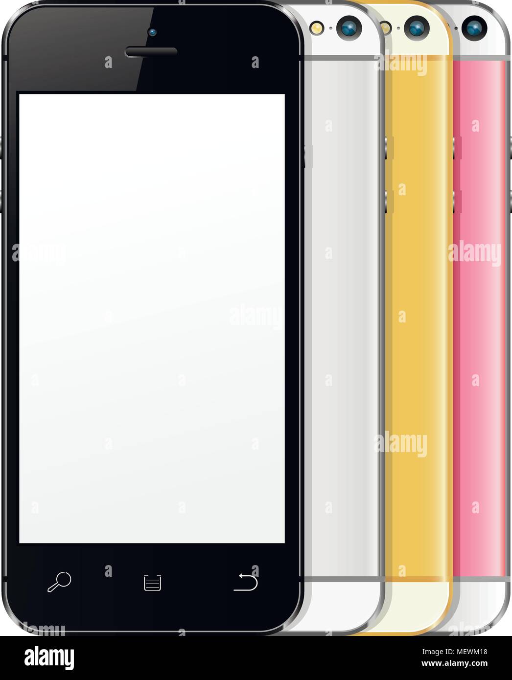 Nuovo realistico telefoni cellulari mockups anteriore e posteriore. Illustrazione Vettoriale. Illustrazione Vettoriale