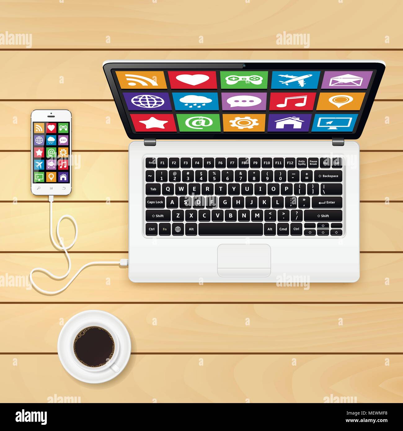 Smartphone collegato al computer portatile e la tazza di caffè sul vecchio tavolo in legno. Ufficio concetto Workplace. Illustrazione Vettoriale. Illustrazione Vettoriale