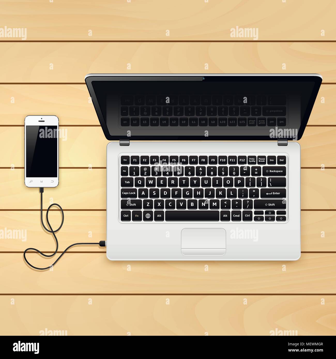 Cavo USB collegare il telefono e il computer portatile sul tavolo di legno. Illustrazione Vettoriale. Illustrazione Vettoriale