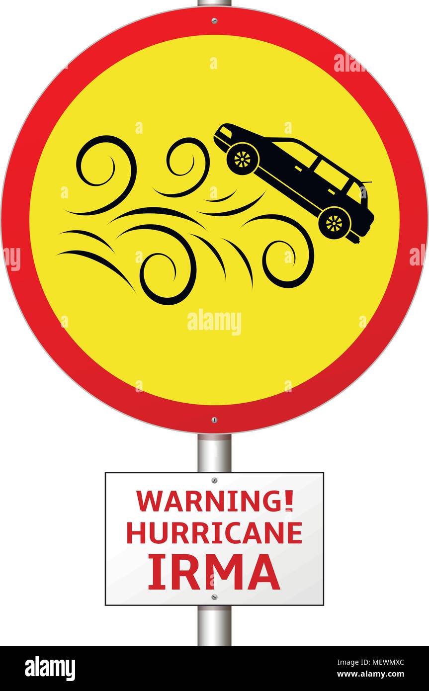 Avvertenza uragano Irma. Pericolo per i trasporti - cartello stradale. Vettore Illustrazione Vettoriale
