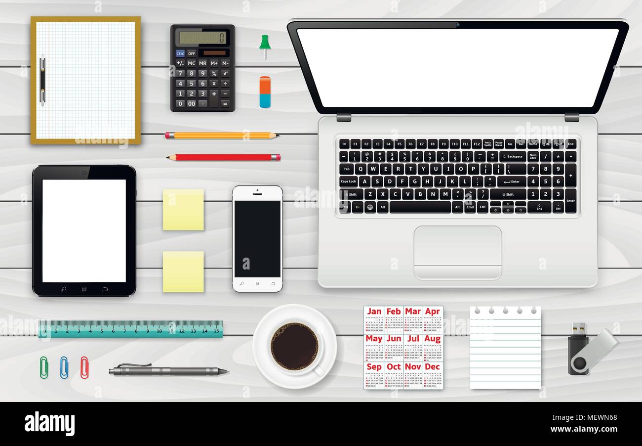 Workplace top ingrandirle. Office e business gli elementi di lavoro impostata. I dispositivi mobili e i documenti. Illustrazione Vettoriale. Illustrazione Vettoriale