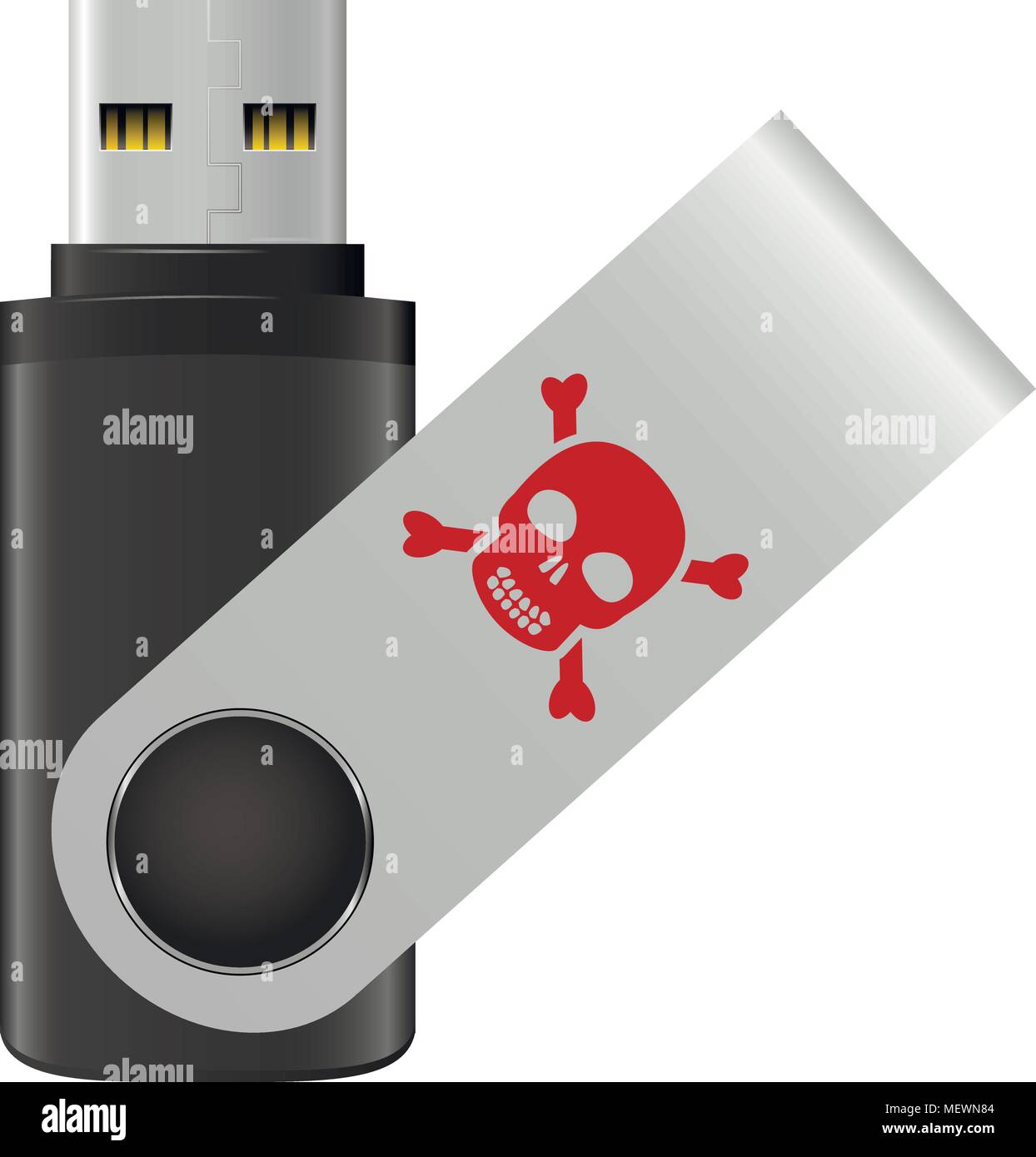 Infettato unità flash USB su sfondo bianco. Unità flash USB icona di virus. Illustrazione Vettoriale. Illustrazione Vettoriale