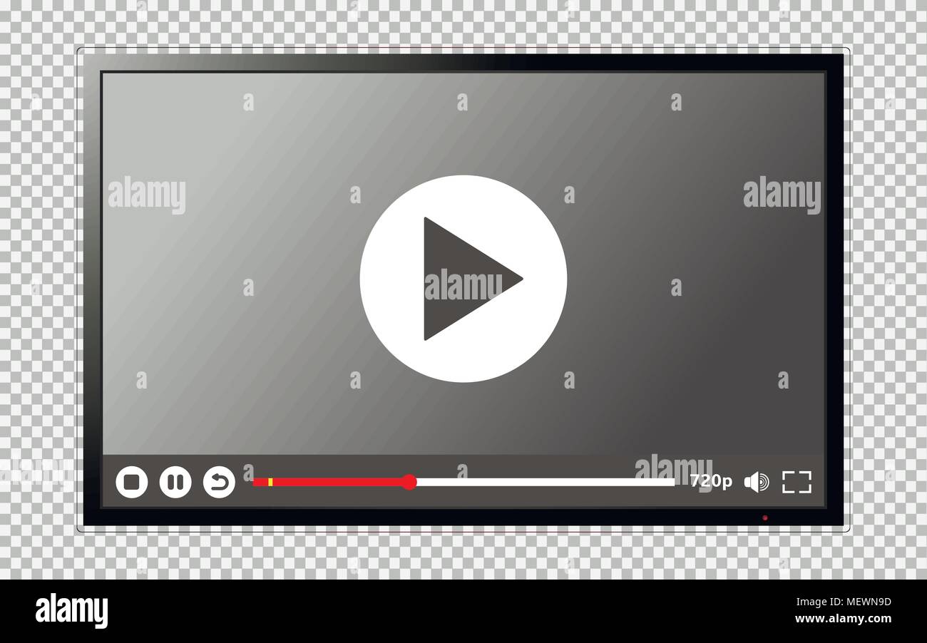 Moderna TV schermo vuoto isolato su sfondo trasparente con lettore video interfaccia. Illustrazione Vettoriale. Illustrazione Vettoriale