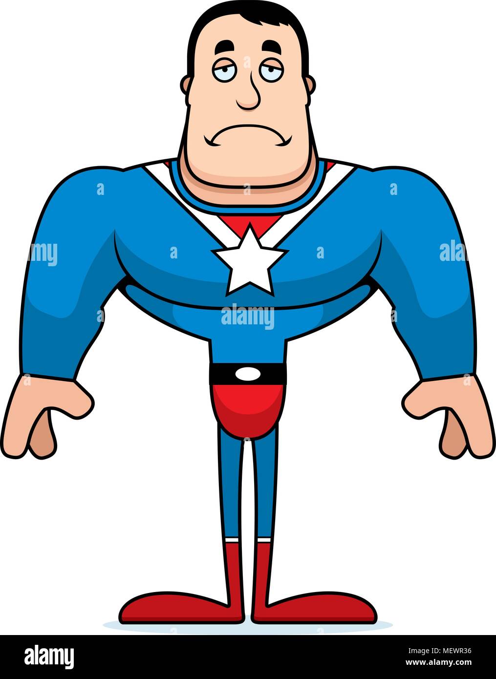 Un cartoon superhero cercando triste. Illustrazione Vettoriale