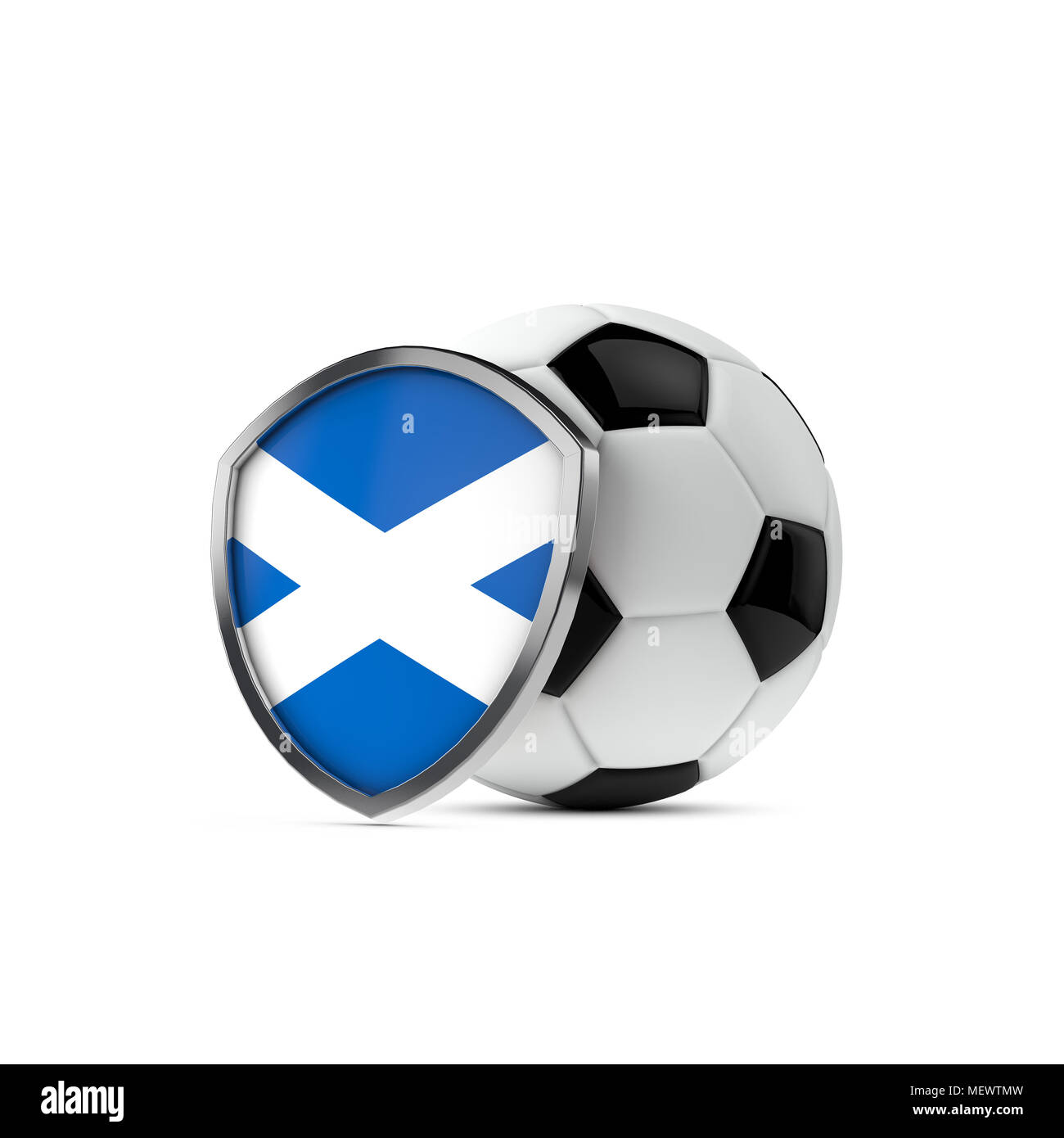 Scozia bandiera nazionale protezione con un pallone da calcio. Il rendering 3D Foto Stock