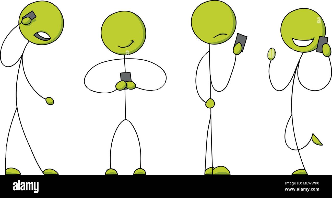 Un set di quattro cartoon stick figure utilizzando mobile smartphone dispositivi. Illustrazione Vettoriale