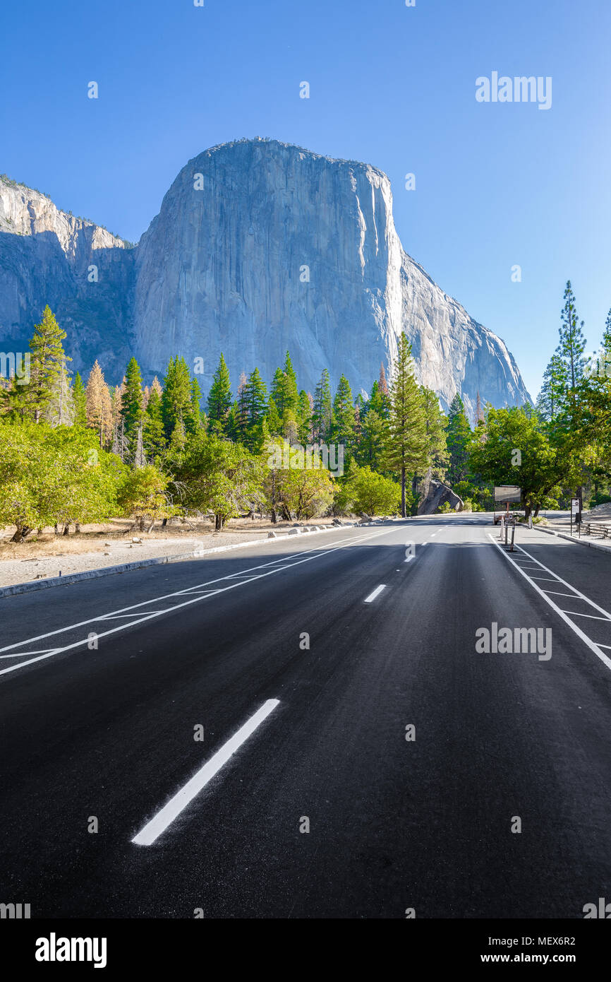 Famoso El Capitan picco di montagna con la strada che attraversa il Parco Nazionale di Yosemite Valley in bella la luce del mattino al sorgere del sole in estate, il Parco Nazionale di Yosemite, STATI UNITI D'AMERICA Foto Stock