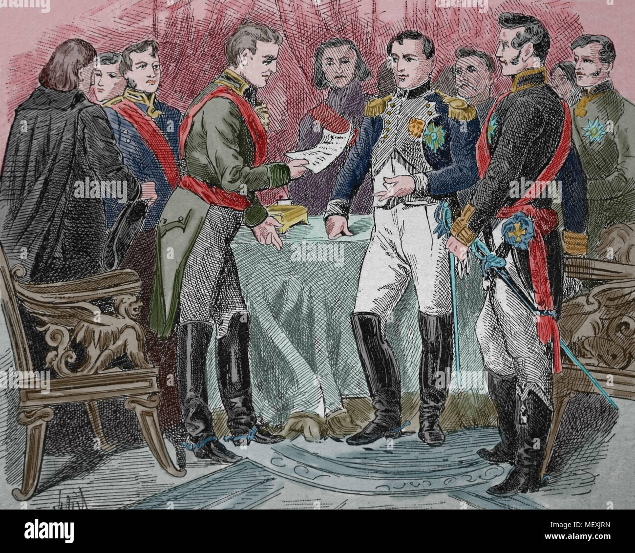 Congresso di Erfurt. Riunione tra l'imperatore Napoleone di Francia e l'imperatore di Russia Alessandro I. 27 Sep-14 Ottobre 1808. Incisione. Foto Stock